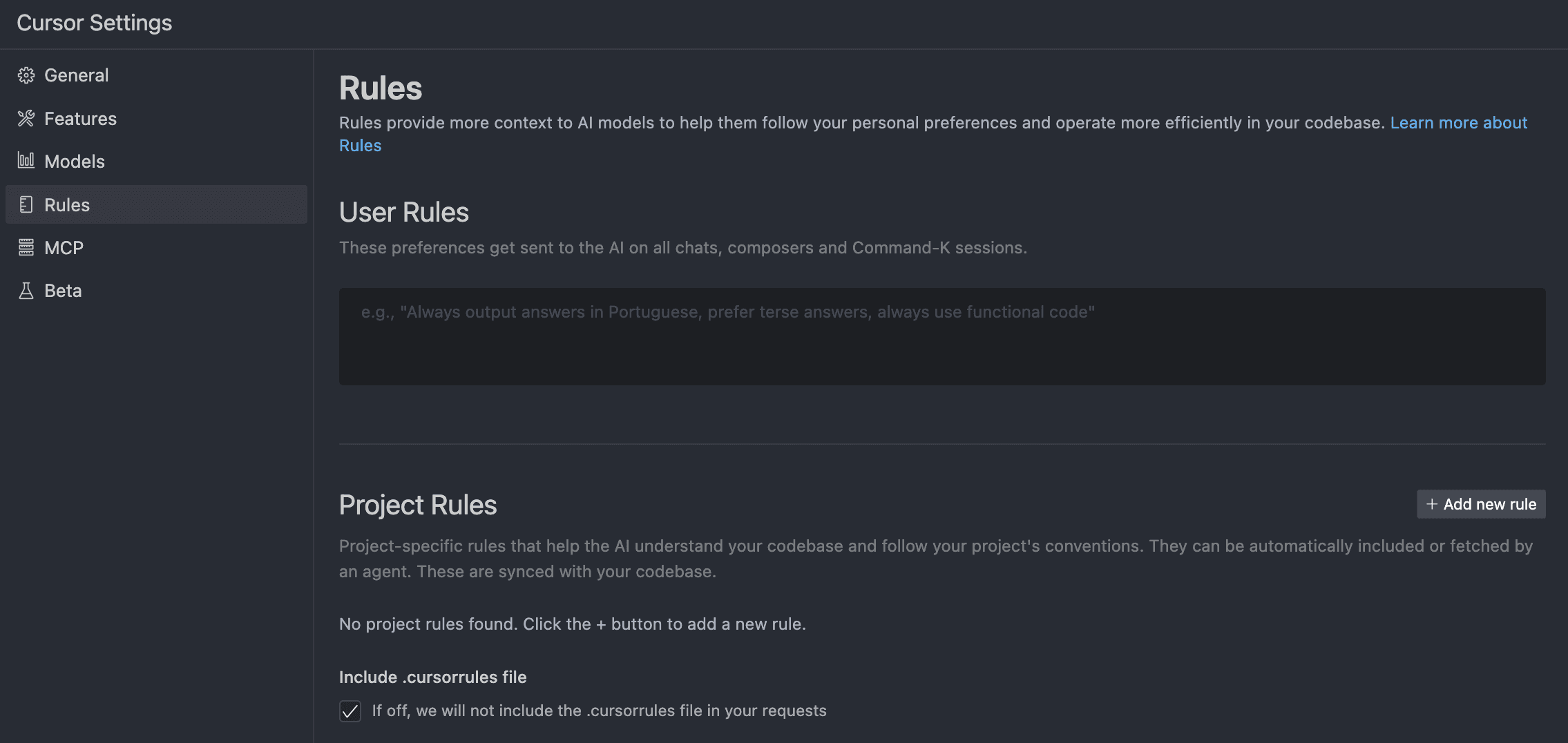 Cursor IDE - nastavení pravidel
