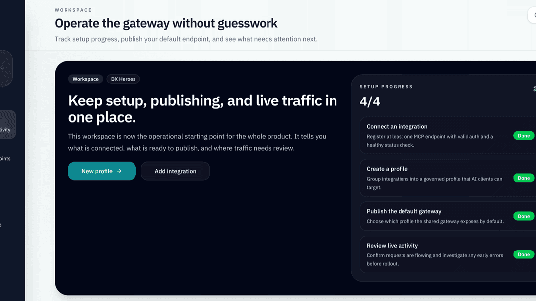 MCP Gateway workspace overview with setup progress and governed profile publishing