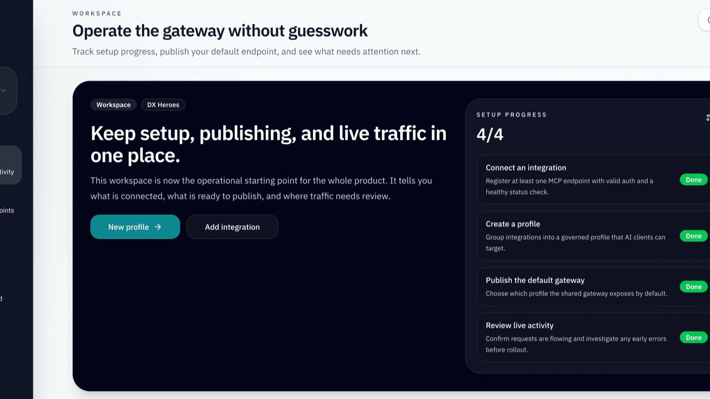 MCP Gateway workspace overview showing setup progress and profile publishing