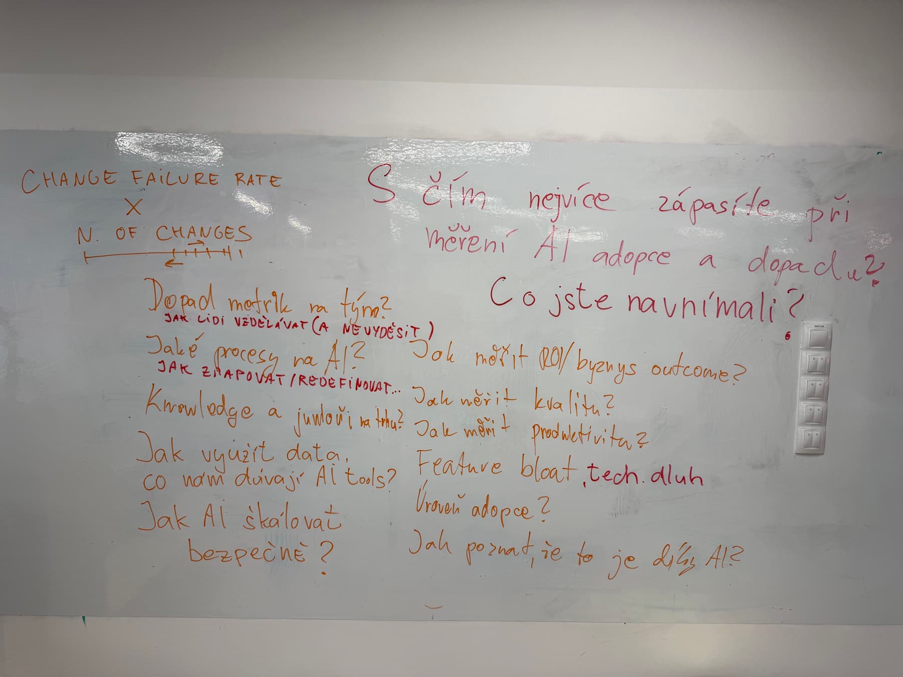 Whiteboard with AI adoption and impact measurement questions from a DX Heroes workshop